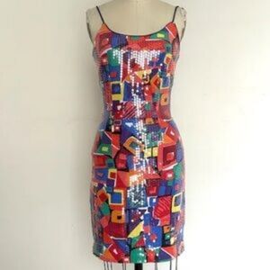 90's The Nanny Style Vibrant Geometric Wiggle Dress By AJ BARI